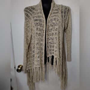 Miracle USA Open Knit Cardigan Sweater Fringe Hem Beige Boho M/L